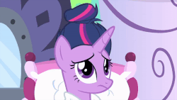 Size: 600x338 | Tagged: safe, screencap, aloe, twilight sparkle, alicorn, earth pony, pony, g4, rarity's biggest fan, alternate hairstyle, animated, bathrobe, beautiful, clothes, duo, eyebrows, eyelashes, eyes closed, female, gif, hair styling, horn, lidded eyes, looking at each other, magic, mane styling, mare, open mouth, ponyville spa, raised hoof, reclining, robe, sitting, smiling, spa, talking, twilight sparkle (alicorn)