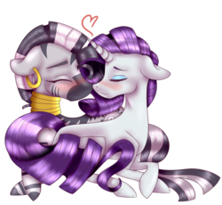 Size: 3493x3217 | Tagged: safe, artist:articfoxdraws, rarity, zecora, pony, unicorn, zebra, g4, blushing, cute, ear piercing, earring, eyes closed, eyeshadow, female, heart, high res, hooves, interspecies, jewelry, lesbian, makeup, mare, neck rings, nuzzling, piercing, raribetes, raricora, shipping, simple background, transparent background, zecorable