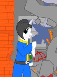 Size: 4081x5442 | Tagged: safe, oc, oc only, oc:leonlisov, pony, semi-anthro, fallout equestria, absurd resolution, arm hooves, clothes, hooves, jumpsuit, knife, pipboy, raised hoof, solo, vault suit, vector