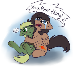 Size: 2853x2620 | Tagged: safe, artist:rivibaes, derpibooru exclusive, oc, oc only, oc:murky, oc:quillwright, pegasus, pony, fallout equestria, crying, embarrassed, female, high res, hooves, hug, male, raised hoof, underhoof