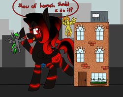 Size: 1368x1080 | Tagged: safe, artist:mirriora, oc, oc only, oc:chimera, oc:dagger, oc:karl, pegasus, pony, building, giant pegasus, giant pony, hooves, macro, raised hoof, red and black oc