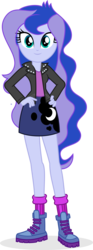 Size: 2156x5816 | Tagged: safe, artist:punzil504, princess luna, vice principal luna, equestria girls, g4, boots, clothes, clothes swap, cutie mark on clothes, female, high res, jacket, leather, leather jacket, legs, looking at you, miniskirt, shoes, simple background, skirt, smiling, socks, solo, teen princess luna, transparent background, younger