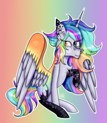 Size: 535x616 | Tagged: safe, artist:rose-blade, oc, oc only, oc:pastel chole, alicorn, pony, alicorn oc, chest fluff, ear fluff, female, freckles, gradient background, heterochromia, mare, multicolored hair, rainbow background, rainbow hair, raised hoof, solo, spread wings, tattoo, wings