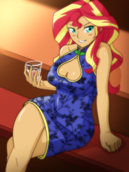 Size: 2160x2880 | Tagged: safe, artist:fantasyblade, sunset shimmer, human, equestria girls, g4, blushing, boob window, breasts, busty sunset shimmer, cheongsam, chinese dress, cleavage, clothes, dress, drink, female, glass, high res, looking at you, sexy, sitting, smiling, solo, stupid sexy sunset shimmer