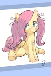 Size: 1200x1800 | Tagged: safe, artist:yanamosuda, fluttershy, pegasus, pony, g4, alternate hairstyle, blushing, cute, female, hair ribbon, hooves, looking sideways, mare, pigtails, shyabetes, smiling, solo, underhoof