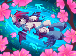 Size: 3905x2873 | Tagged: safe, artist:airiniblock, oc, oc only, bat pony, fish, pony, rcf community, bat pony oc, color porn, fangs, female, flower, high res, looking at you, solo, water