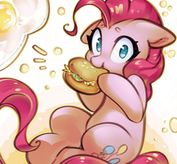 Size: 1404x1302 | Tagged: safe, artist:mirroredsea, pinkie pie, earth pony, pony, g4, burger, cute, diapinkes, eating, female, floppy ears, food, hay burger, hooves, looking at you, mare, solo