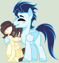 Size: 1102x1174 | Tagged: safe, artist:nocturnal-moonlight, soarin', oc, pegasus, pony, g4, father and daughter, female, hooves, hug, male, mare, offspring, parent:soarin', parent:spitfire, parents:soarinfire, simple background