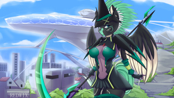 Size: 3500x1969 | Tagged: safe, artist:redwix, oc, oc only, oc:alpine apotheon, anthro, anime crossover, armor, breasts, city, cityscape, crossover, female, igalima, kirika akatsuki, nipple outline, outfit, scythe, senki zessho symphogear, solo, symphogear, unconvincing armor, wallpaper, weapon, ych result