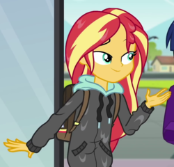 Size: 939x903 | Tagged: safe, screencap, sunset shimmer, equestria girls, g4, monday blues, my little pony equestria girls: summertime shorts, clothes, cropped, female, hoodie, solo, wet