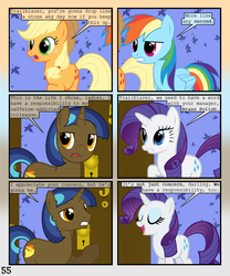 Size: 900x1080 | Tagged: safe, artist:lister-of-smeg, applejack, rainbow dash, rarity, oc, oc:trailblazer (lister-of-smeg), pony, unicorn, comic:horkosworks, g4, comic, male, stallion