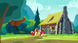 Size: 1440x809 | Tagged: safe, screencap, apple bloom, applejack, big macintosh, earth pony, pony, g4, the perfect pear, apple siblings, female, filly, goldie delicious' house, house, log cabin, male, mare, siblings, stallion, trio