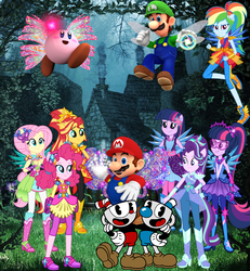 Size: 1799x1947 | Tagged: safe, artist:greenmachine987, artist:limedazzle, artist:mixiepie, artist:user15432, fluttershy, pinkie pie, rainbow dash, sci-twi, starlight glimmer, sunset shimmer, twilight sparkle, alicorn, fairy, puffball, equestria girls, g4, my little pony equestria girls: legend of everfree, aura, barely eqg related, boots, clothes, crossover, crystal guardian, crystal wings, cuphead, cuphead (character), enchanted forest, fairies, fairies are magic, fairy wings, forest, hasbro, hasbro studios, high heel boots, house, kirby, kirby (series), luigi, luigidash, luigishy, luitwi, magic, magic aura, male, maridash, mario, mario & luigi, mariopie, marioshy, mugman, nintendo, ponied up, pony ears, shoes, studio mdhr, super mario bros., super ponied up, super smash bros., twilight sparkle (alicorn), winged humanization, wings