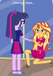 Size: 1148x1640 | Tagged: safe, artist:thomaszoey3000, sci-twi, sunset shimmer, twilight sparkle, human, equestria girls, equestria girls series, g4, spring breakdown, spoiler:eqg series (season 2), blushing, censored, clothes, dress, feet, female, geode of empathy, lesbian, magical geodes, promo, sandals, ship:sci-twishimmer, ship:sunsetsparkle, shipping, unnecessary censorship