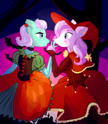 Size: 3000x3444 | Tagged: safe, artist:moonprincessmara, oc, oc only, oc:iridescent flings, anthro, clothes, commission, costume, female, halloween, halloween costume, hat, high res, holiday, lesbian, pumpkin, witch, witch hat, ych result