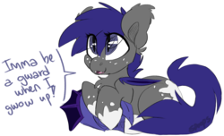 Size: 1515x922 | Tagged: safe, artist:spoopygander, oc, oc only, oc:midnight blossom, bat pony, pony, bat ears, bat eyes, bat pony oc, bat wings, chest fluff, cute, ear fluff, eye clipping through hair, fangs, featured image, female, filly, foal, folded wings, freckles, helmet, hooves, looking up, markings, ocbetes, open mouth, open smile, simple background, smiling, solo, text, white background, wings