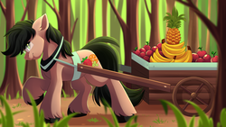 Size: 4767x2697 | Tagged: safe, artist:airiniblock, oc, oc only, oc:fruitsallad, earth pony, pony, rcf community, apple, banana, commission, food, forest, fruit, glasses, hooves, male, pineapple, smiling, solo, stallion, wagon