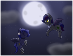 Size: 1320x1020 | Tagged: safe, artist:lazerblues, oc, bat pony, pony, bat pony oc, clothes, flower, flower in hair, moon, socks, striped socks