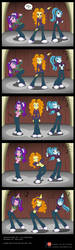 Size: 800x2672 | Tagged: safe, artist:niban-destikim, adagio dazzle, aria blaze, sonata dusk, equestria girls, g4, my little pony equestria girls: rainbow rocks, belly button, belly dance, clothes, comic, commission, converse, dancing, dialogue, gem, midriff, music notes, patreon, patreon logo, shirt, shirt lift, shoes, siren gem, stage, surprised, the dazzlings