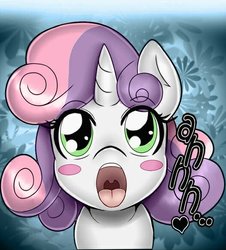 Size: 528x584 | Tagged: safe, artist:anibaruthecat, edit, sweetie belle, pony, unicorn, comic:cutiemark check-up, g4, blushing, cropped, cute, dialogue, diasweetes, esophagus, female, filly, heart, mawshot, open mouth, oral invitation, sweetiepred, taste buds, tongue out, uvula