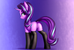 Size: 2953x2001 | Tagged: safe, alternate version, artist:setharu, edit, starlight glimmer, pony, unicorn, g4, bedroom eyes, blushing, butt, clothes, cutie mark, dock, featureless crotch, female, glimmer glutes, high res, horn, looking at you, looking back, looking back at you, mare, open mouth, plot, sexy, socks, solo, stockings, stupid sexy starlight glimmer, thigh highs