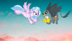 Size: 1920x1080 | Tagged: safe, artist:creativa-artly01, gabby, silverstream, classical hippogriff, griffon, hippogriff, pony, g4, cute, diastreamies, duo, female, flying, gabbybetes, irl, photo, ponies in real life