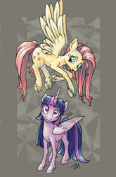 Size: 1500x2270 | Tagged: safe, artist:chokuru, part of a set, fluttershy, twilight sparkle, alicorn, pegasus, pony, g4, abstract background, duo, female, folded wings, head tilt, looking at you, looking up, mare, smiling, spread wings, twilight sparkle (alicorn), unshorn fetlocks, wings