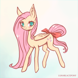 Size: 1000x1000 | Tagged: safe, artist:lunarlacepony, fluttershy, pegasus, pony, g4, bow, cute, female, folded wings, looking at you, mare, simple background, solo, tail bow, three quarter view, white background, wings