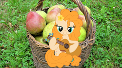 Size: 1920x1080 | Tagged: safe, artist:creativa-artly01, pear butter, earth pony, pony, g4, the perfect pear, basket, food, guitar, irl, pear, photo, solo