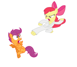Size: 875x766 | Tagged: safe, apple bloom, scootaloo, call of the cutie, g4, sleepless in ponyville, abuse, clothes, gi, karate, kick, pants, robe, scootabuse, this will end in pain, white belt