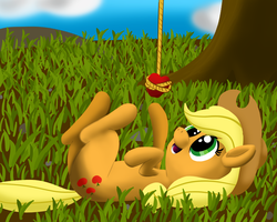 Size: 1500x1200 | Tagged: safe, artist:stellardust, derpibooru exclusive, applejack, earth pony, pony, g4, apple, behaving like a cat, cloud, cute, eyes on the prize, female, food, grass, hat, jackabetes, mare, on back, rock, rope, sky, solo, that pony sure does love apples, tree
