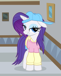 Size: 2000x2500 | Tagged: safe, artist:tabrony23, rarity, pony, unicorn, friendship university, g4, alternate hairstyle, backwards ballcap, baseball cap, cap, disguise, female, floppy ears, hat, high res, mare, plainity, show accurate, smiling, solo