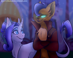 Size: 1200x950 | Tagged: safe, artist:azuriaus, capper dapperpaws, rarity, abyssinian, pony, unicorn, anthro, g4, my little pony: the movie, alternate hairstyle, anthro with ponies, blushing, capperity, chest fluff, clothes, coat, female, leonine tail, looking at each other, male, night, shipping, straight