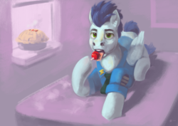 Size: 2480x1754 | Tagged: safe, artist:toisanemoif, soarin', pony, g4, candy, food, licking, lollipop, male, pie, solo, tongue out