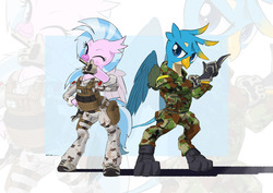 Size: 1280x905 | Tagged: safe, artist:satv12, gallus, silverstream, griffon, hippogriff, g4, ammo pouch, bipedal, blushing, camouflage, clothes, cute, diastreamies, duo, female, gallabetes, gloves, male, military uniform, one eye closed, zoom layer