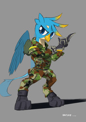 Size: 1280x1810 | Tagged: safe, artist:satv12, gallus, griffon, g4, bipedal, camouflage, clothes, colored pupils, cute, gallabetes, gloves, gray background, male, military uniform, simple background, solo