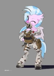 Size: 1280x1810 | Tagged: safe, artist:satv12, silverstream, hippogriff, g4, ammo pouch, blushing, camouflage, clothes, cute, diastreamies, female, gloves, gray background, military uniform, one eye closed, simple background, solo