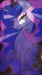 Size: 720x1280 | Tagged: safe, artist:vivian reed, princess luna, alicorn, pony, g4, crown, cute, ethereal mane, eyebrows, eyebrows visible through hair, female, heart, heart eyes, jewelry, lidded eyes, lunabetes, profile, regalia, solo, starry mane, wingding eyes