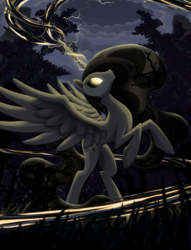 Size: 2208x2896 | Tagged: safe, artist:hydrusbeta, oc, oc only, oc:nightmare umbra, alicorn, pony, fanfic:harmony theory, dark, fanfic art, female, fire, harmony theory, high res, magic, solo