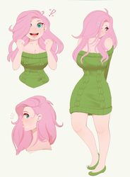 Size: 2024x2751 | Tagged: safe, artist:evehly, fluttershy, human, :d, adorasexy, beautiful, beautisexy, big breasts, blushing, breasts, busty fluttershy, cleavage, clothes, cute, excited, exclamation point, female, flats, frown, hair over one eye, happy, heart, humanized, legs, lips, looking at you, looking down, nervous, off shoulder, off shoulder sweater, open mouth, sexy, shoulderless, shy, shyabetes, simple background, smiling, solo, surprised, sweat, sweatdrop, sweater, sweater dress, sweater puppies, sweatershy, trembling, white background