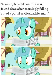 Size: 1080x1556 | Tagged: safe, edit, edited screencap, editor:apex soundwave, screencap, lyra heartstrings, pony, unicorn, epic rage time, g4, bench, caption, female, foal free press, image macro, implied death, implied human, mare, meme, newspaper, ponyville, reaction image, shocked, solo, text