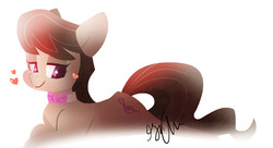 Size: 1280x694 | Tagged: dead source, safe, artist:shellielle, octavia melody, earth pony, pony, g4, bowtie, cute, female, heart, lidded eyes, prone, signature, simple background, solo, tavibetes, white background