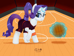 Size: 1024x768 | Tagged: safe, artist:giovannabolo, rarity, pony, g4, basketball, basketball court, clothes, female, glowing horn, horn, magic, ponytail, shirt, shorts, signature, smiling, solo, sports, telekinesis, wristband