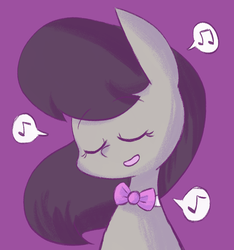 Size: 1147x1228 | Tagged: safe, artist:typhwosion, octavia melody, earth pony, pony, g4, bust, cute, eyes closed, female, music notes, open mouth, purple background, simple background, singing, solo, speech bubble, tavibetes