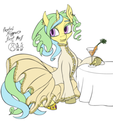 Size: 920x1000 | Tagged: safe, artist:sepiakeys, oc, oc only, oc:pastel slippers, pony, unicorn, alcohol, carrot, carrotini, clothes, cocktail, dress, drill hair, drill mane, ear fluff, embroidery, female, food, glass, high collar, looking away, mare, martini, solo, table