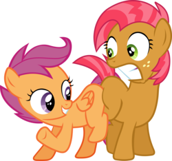 Size: 2681x2509 | Tagged: safe, artist:frownfactory, babs seed, scootaloo, earth pony, pegasus, pony, g4, one bad apple, .svg available, butt bump, butt to butt, butt touch, duo, female, filly, foal, freckles, high res, personal space invasion, simple background, svg, transparent background, varying degrees of want, vector, wings