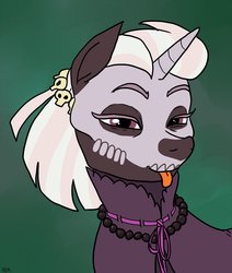 Size: 1528x1800 | Tagged: safe, artist:pony quarantine, zesty gourmand, pony, unicorn, g4, alternate clothes, alternate hairstyle, female, jewelry, makeup, mare, necklace, simple background, skull, solo, squint, tongue out