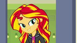 Size: 1920x1080 | Tagged: safe, screencap, sunset shimmer, equestria girls, g4, my little pony equestria girls: rainbow rocks, canterlot high, cute, female, lidded eyes, lockers, looking at you, meme fuel, shimmerbetes, smiling, solo