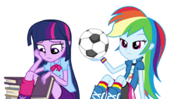 Size: 1600x900 | Tagged: safe, artist:twilirity, rainbow dash, twilight sparkle, equestria girls, g4, my little pony equestria girls: rainbow rocks, shake your tail, ball, book, duo, simple background, transparent background, vector