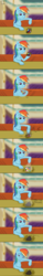 Size: 1062x6826 | Tagged: safe, artist:jj-snake, rainbow dash, pegasus, pony, g4, comic, diner, faic, female, hoof hold, lidded eyes, looking at you, mare, not clothes, rubik's cube, smug, smugdash, solo, table